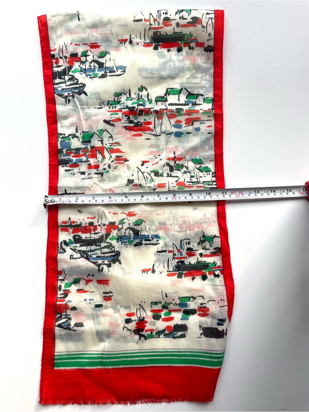 Vintage Harbor Print Lightweight Scarf Red Trim Coastal Chic - Picture 2 of 4